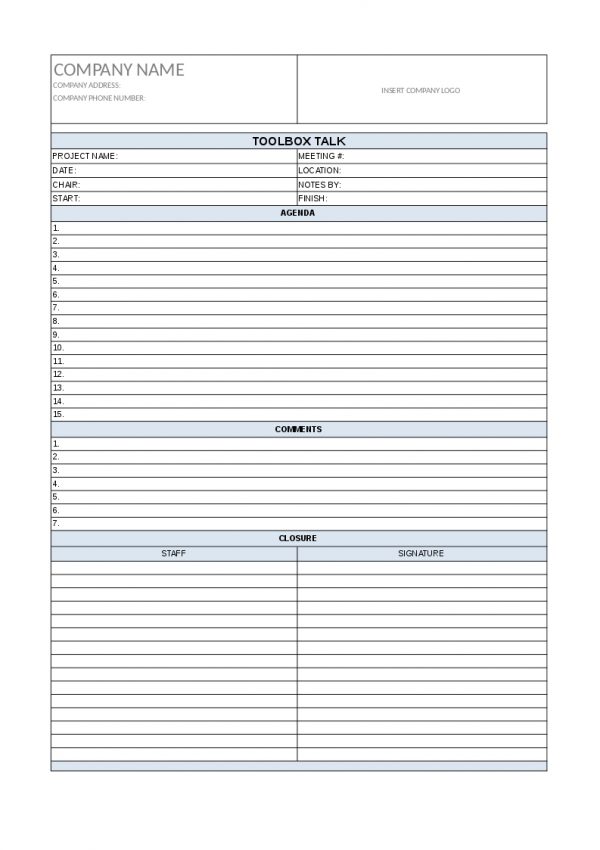 Toolbox talk template, project management