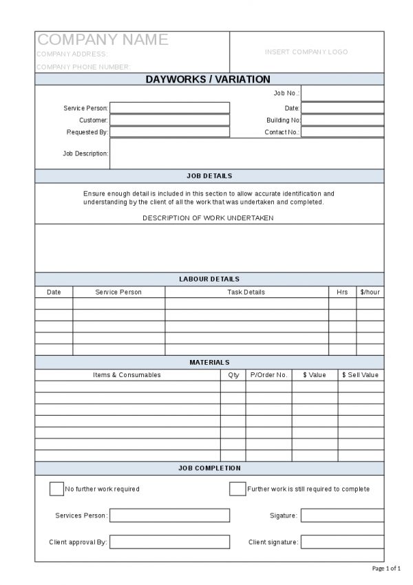 Contract Works template, Project manager
