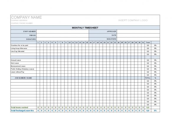 Monthly Timesheet template, project manager