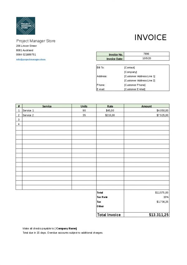 Contractor invoice template, project manager