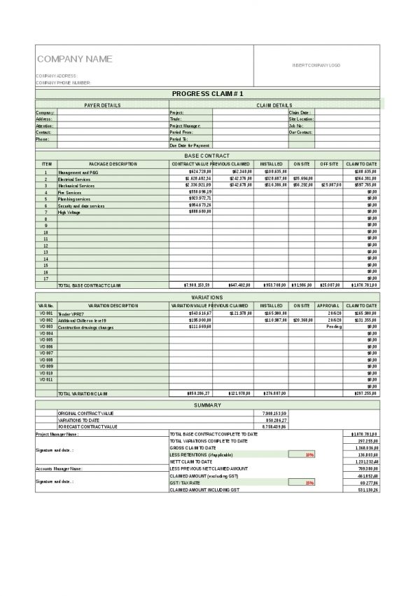 Contractor Invoice template, Project management
