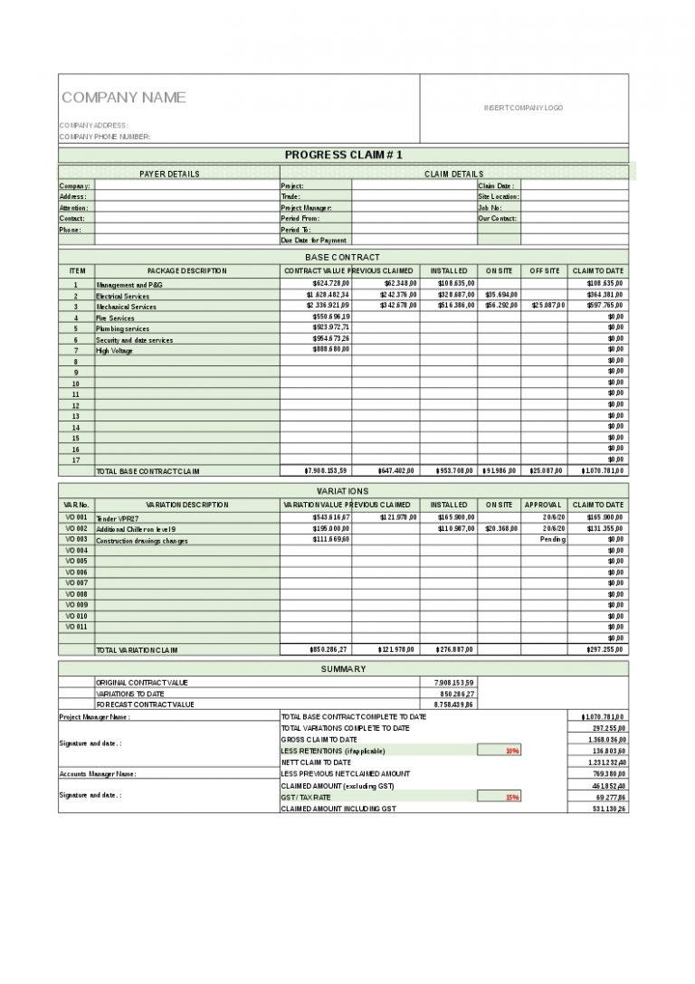 Progress Claim Template Project Manager Store
