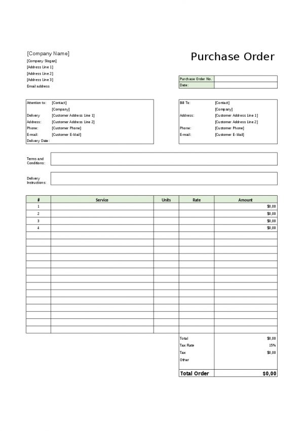 Project management template, Purchase order