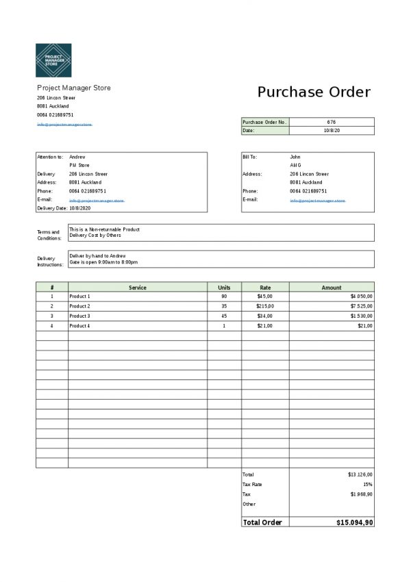 Project manager template, Purchase order