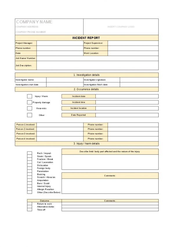 Incident Report template, Project Management