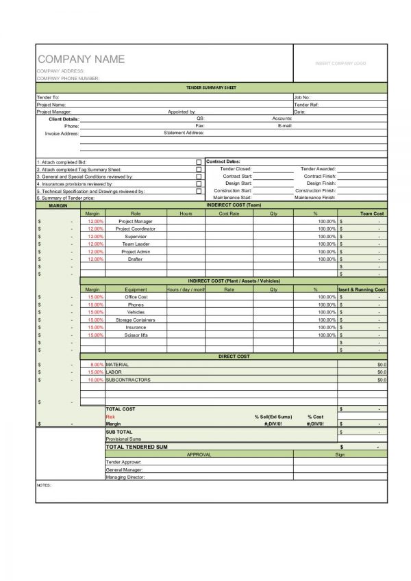 Contractor estimation template