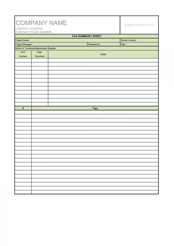 Estimate Tag sheet